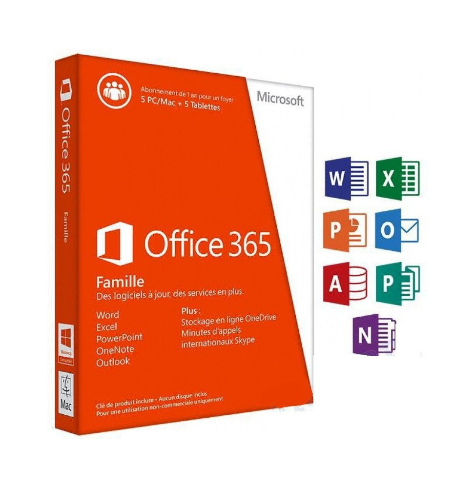 Microsoft Office 365 Famille Premium 32/64 Bits - Licence d'abonnement - jusquà 5 PC ou Mac + 5 tablettes
