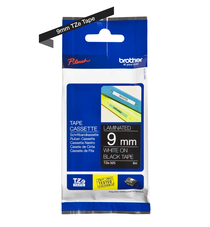 Cassette à ruban pour étiqueteuse TZe-325 Brother originale – Blanc sur noir, 9 mm de large