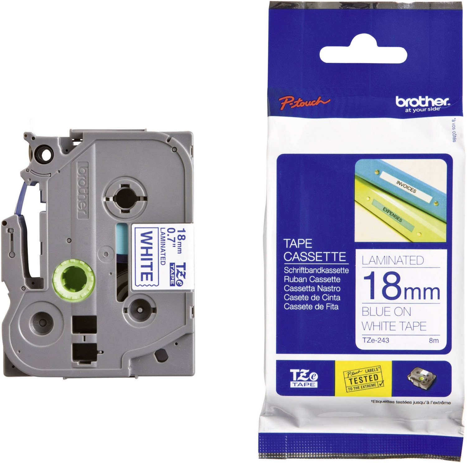 Cassette à ruban pour étiqueteuse TZe-243 Brother originale – Bleu sur blanc, 18 mm de large