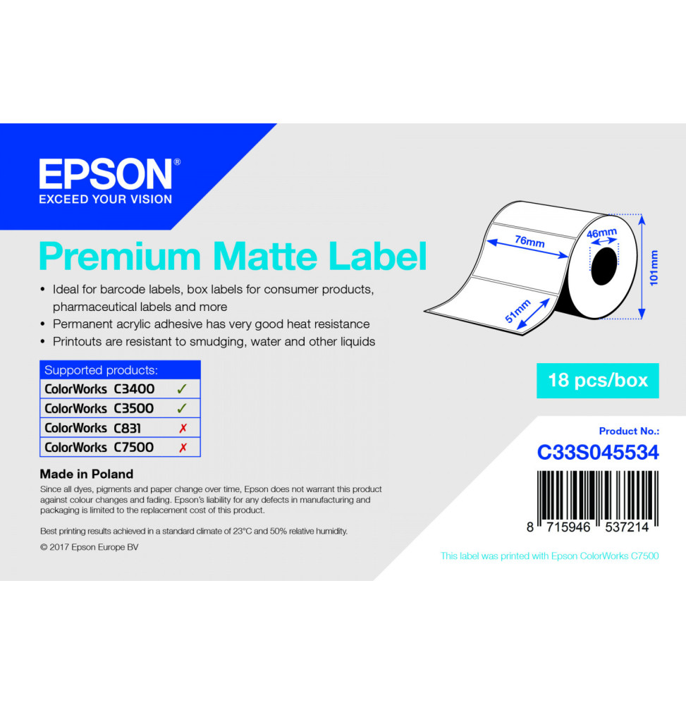 Rouleau étiquette Epson Premium Matte 76mm x 51mm, 650 étiquettes pour C3500/3400