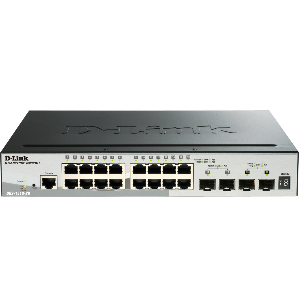 Switch Administrable empilable D-Link 16 ports 10/100/1000 Mbps, 2 ports Gigabit SFP, 2 ports 10G SFP+