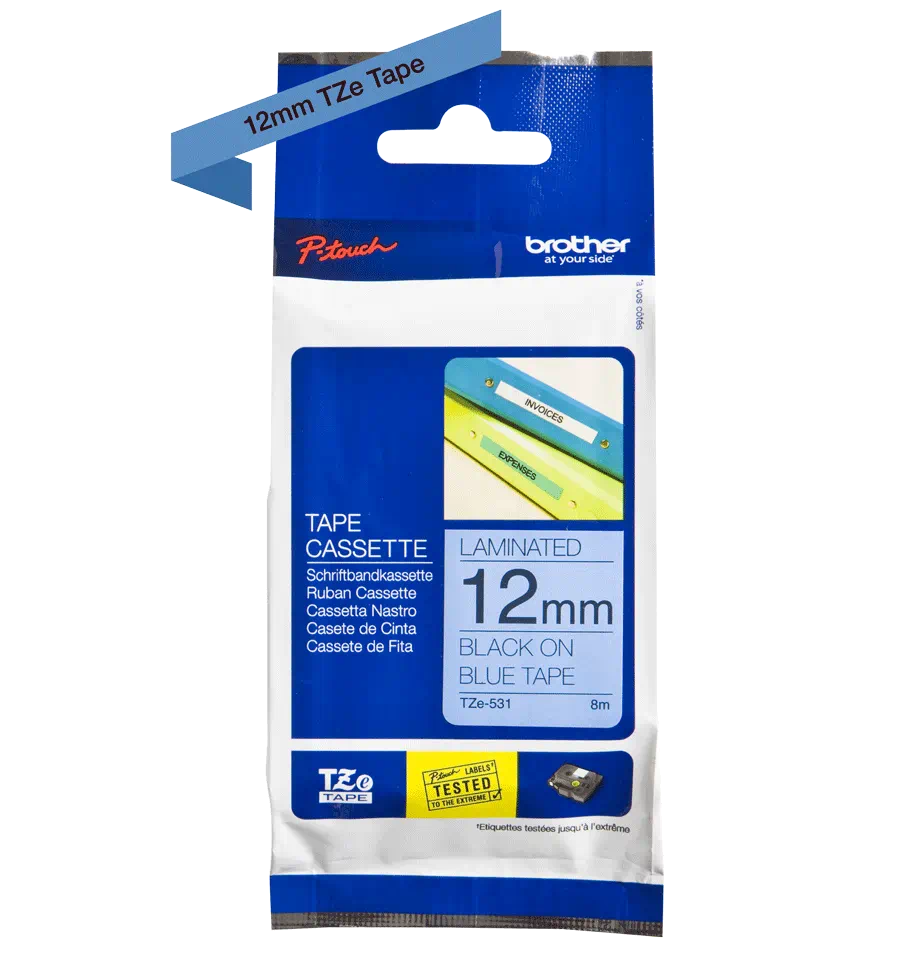 Cassette à ruban pour étiqueteuse TZe-531 Brother originale – Noir sur bleu, 12 mm de large
