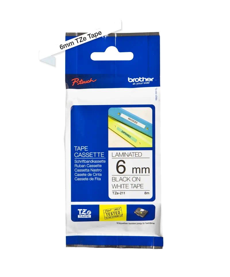 Cassette à ruban pour étiqueteuse TZe-211 Brother originale – Noir sur blanc, 6 mm de large