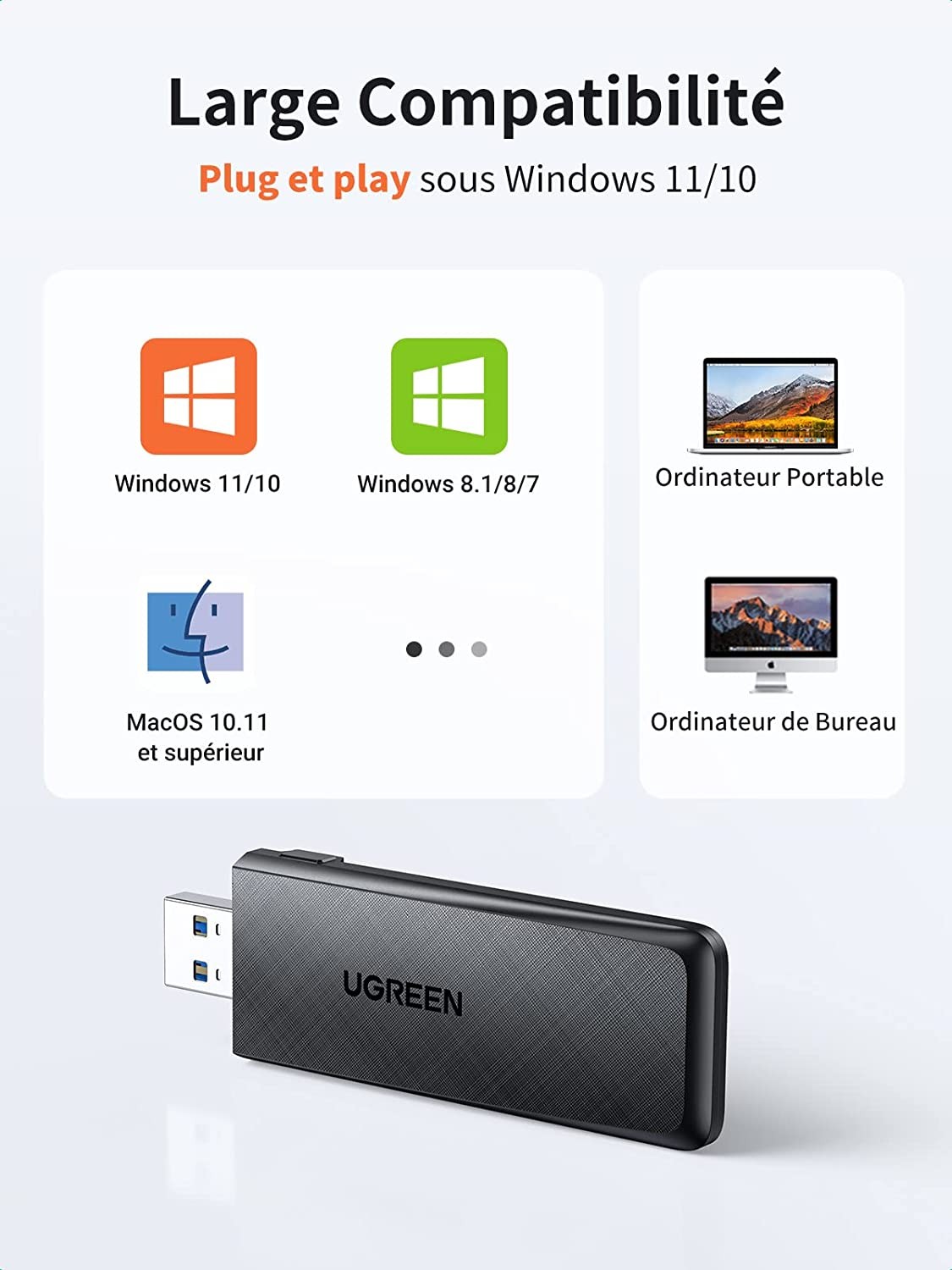 UGREEN Clé WiFi Puissante AC1300Mbps Dongle WiFi USB 3.0 Double Bande  Adaptateur USB WiFi avec Bouton WPS Supporte Windows 11 10 8 7 Mac OS